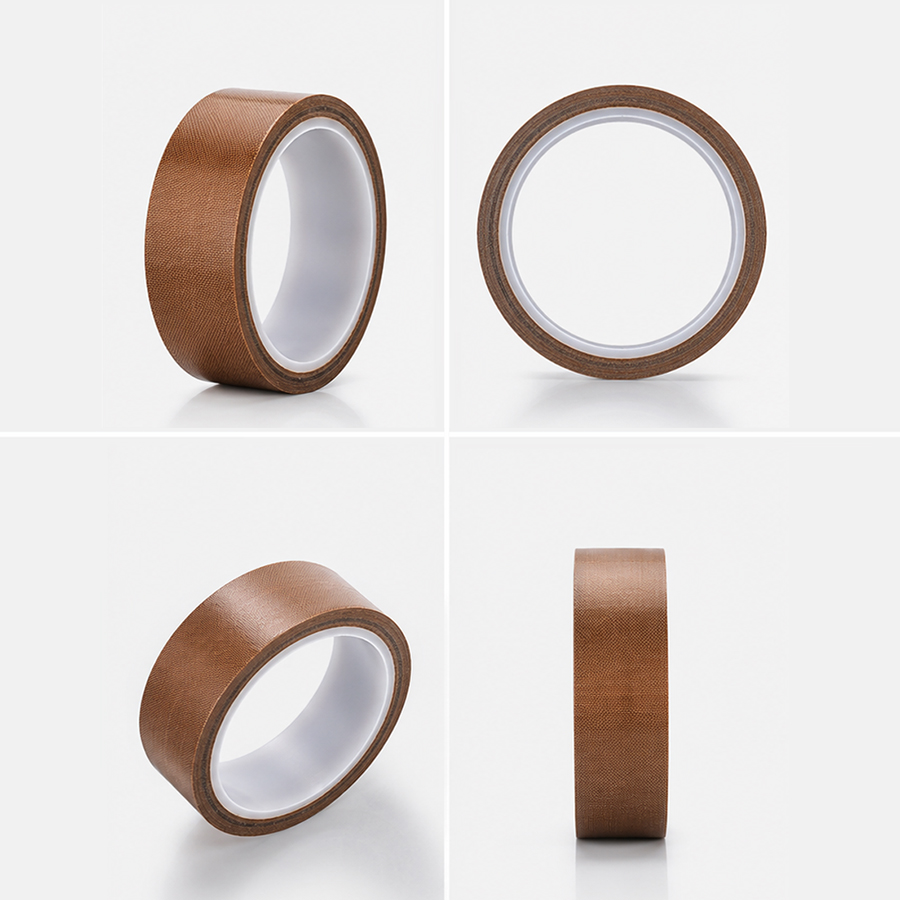 A 4-way multi-angle shot of certified high-temperature ptfe teflon tape rolls with a white plastic core, manufactured by Krytape, a top B2B industrial packaging material factory in China.