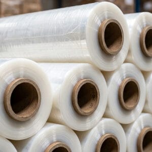 Bulk Industrial Stretch Film Rolls Stack - Factory Warehouse Pallet Wrap Supplies