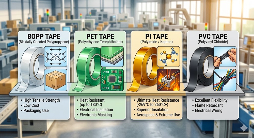 BOPP, PET, PI & PVC Tape: Performance Comparison and Selection Guide 1 - Krytape Industrial guide chart showing the differences between BOPP packaging tape, PET green tape, PI Kapton tape, and PVC insulation tape.