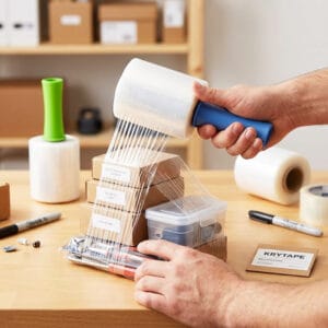 Hand Stretch Film Rolls in Use - Manual Bundling and Packing Application Scene krytape