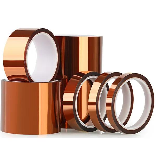 Polyimide Kapton tape rolls in various widths for high-temperature electrical insulation.