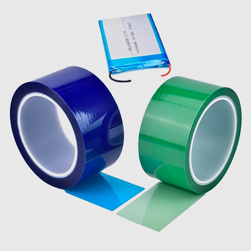 Blue and green PET high-temperature insulation tape rolls for lithium battery protection.