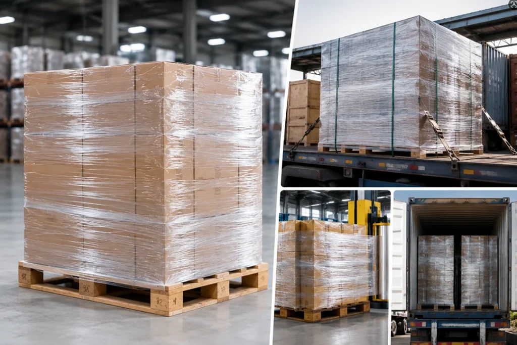 Heavy-duty stretch film used for pallet packaging and cargo stabilization in a warehouse