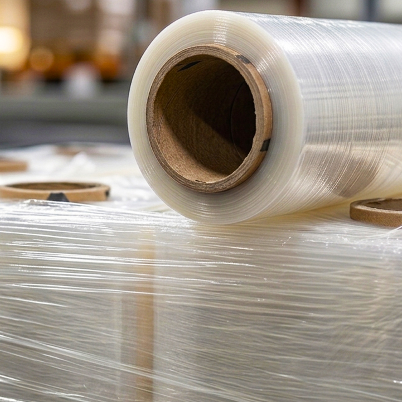 Premium Clear Stretch Film Roll on Wrapped Pallet - Industrial Packaging Detail
