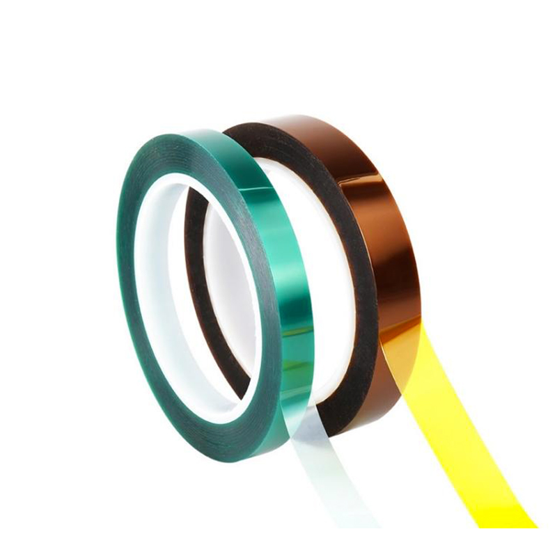 Industrial PET and polyimide high-temperature masking tape rolls in green and brown colors.