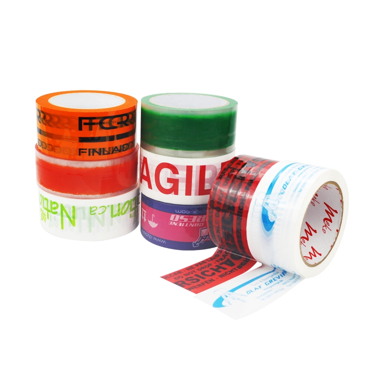 Various custom printed BOPP packing tape rolls in multiple colors and logo designs by Krytape