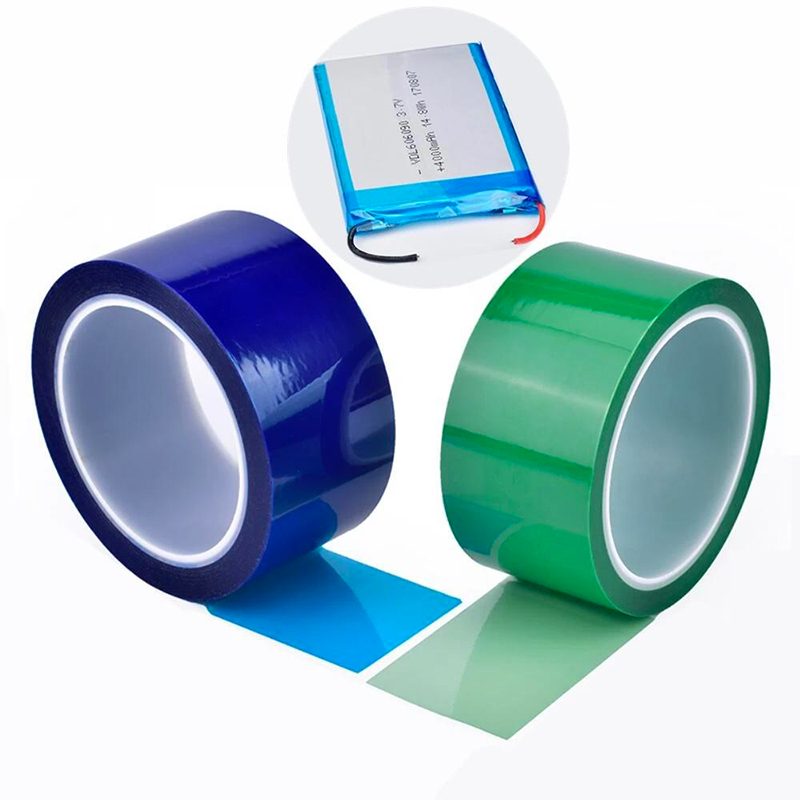 Blue and green PET high-temperature insulation tape rolls for lithium battery pack protection.