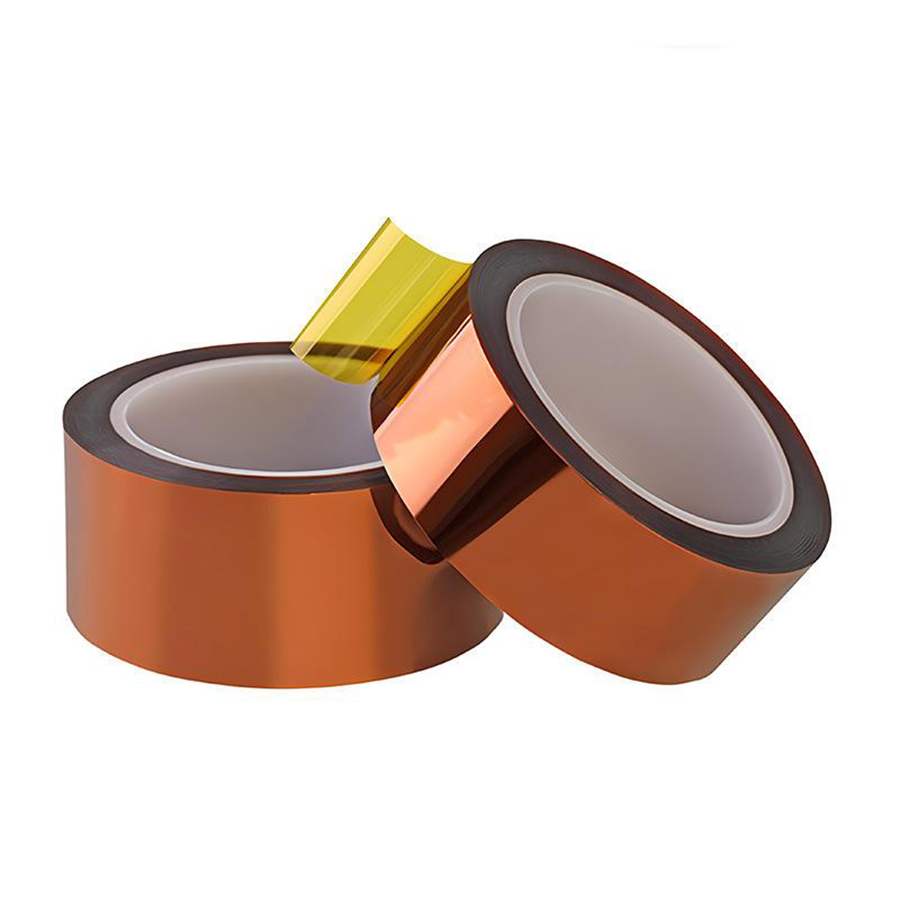 Two rolls of amber polyimide Kapton tape for high-temperature electronic masking and insulation.