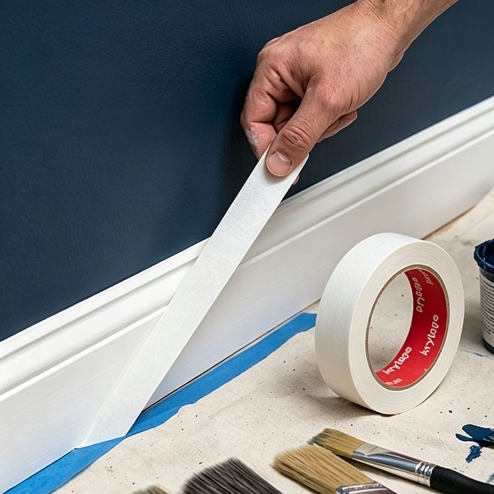Applying white masking tape on skirting board for clean interior paint line
