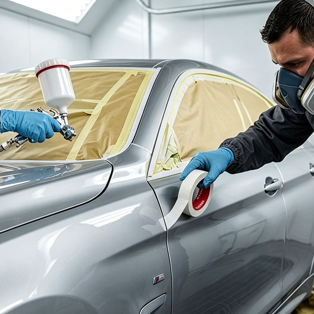 Automotive spray paint masking tape application during car refinishing process