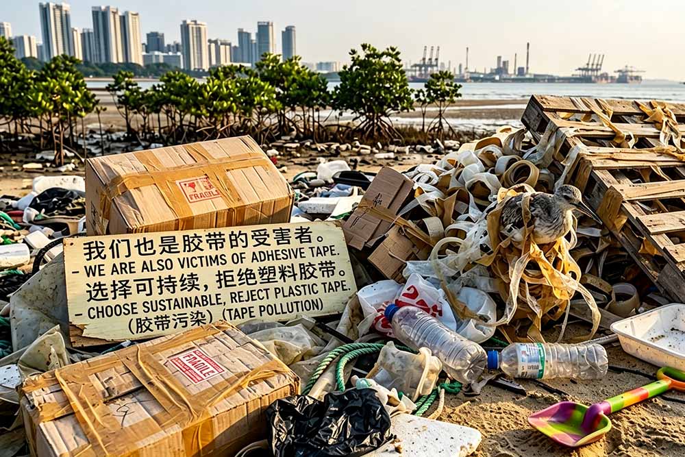 Plastic packaging tape and cardboard waste polluting a beach with a trapped sea bird, showing adhesive tape environmental impact.