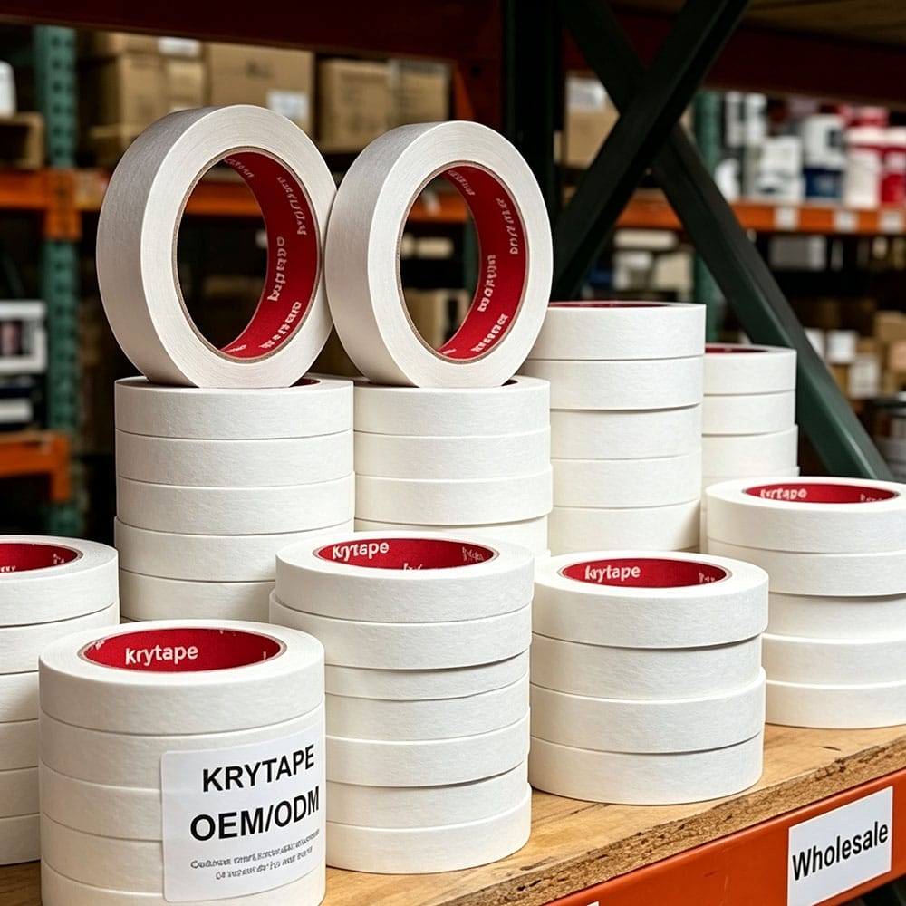 Wholesale white masking tape rolls stacked in warehouse for OEM and ODM distribution