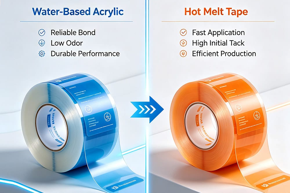 Krytape water-based acrylic vs hot melt packaging tape featuring low odor and fast high tack application
