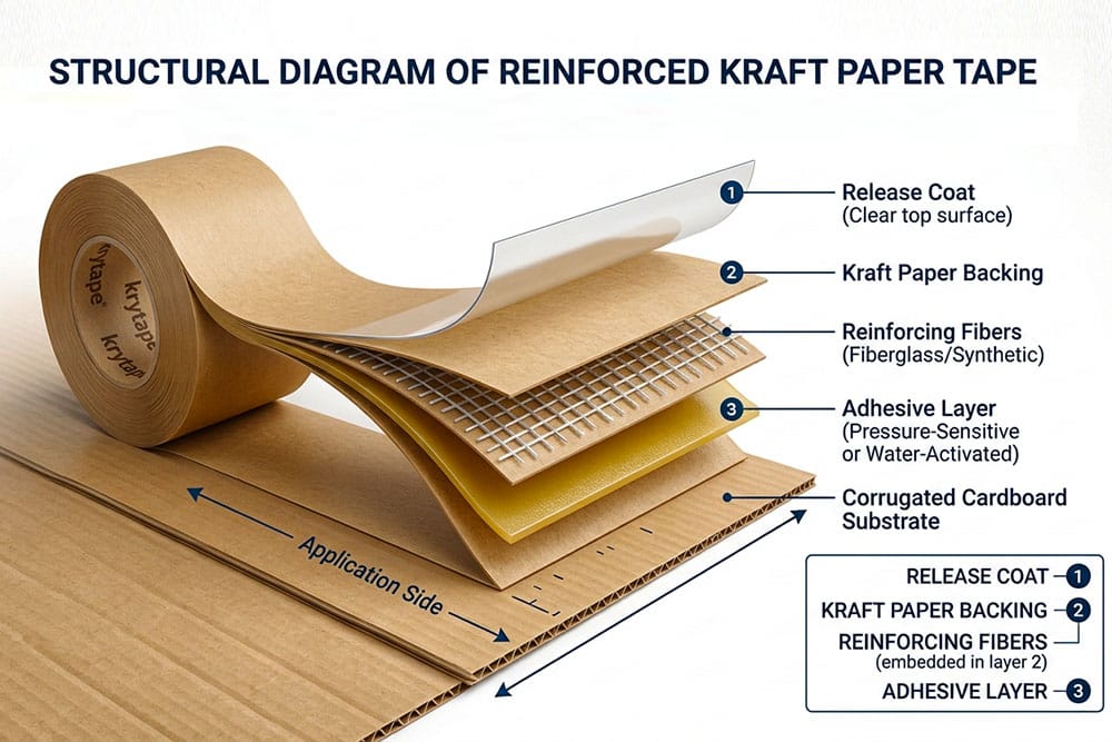 Structural diagram of Krytape reinforced kraft paper tape showing release coat, kraft paper backing, fiberglass reinforcing fibers, and adhesive layer