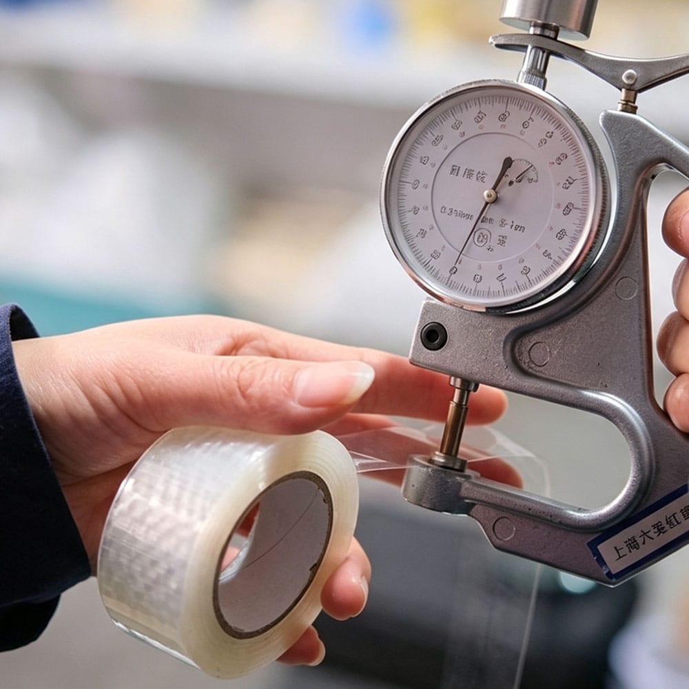 Quality control testing checking BOPP packing tape thickness with micrometer gauge