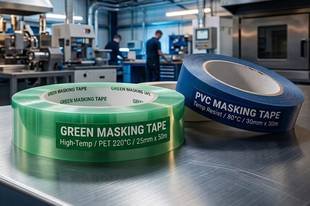 High-temperature green PET masking tape ($220^\circ\text{C}$, $25\text{mm} \times 50\text{m}$) and blue PVC masking tape ($80^\circ\text{C}$, $30\text{mm} \times 30\text{m}$) rolls displayed in an industrial factory setting.