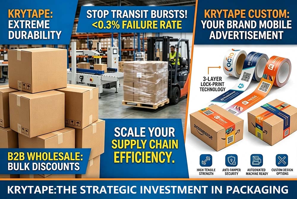 Krytape B2B marketing banner showing stacked cardboard boxes, warehouse forklift, and custom printed logo packing tape with 3-layer lock-print tech - Krytape