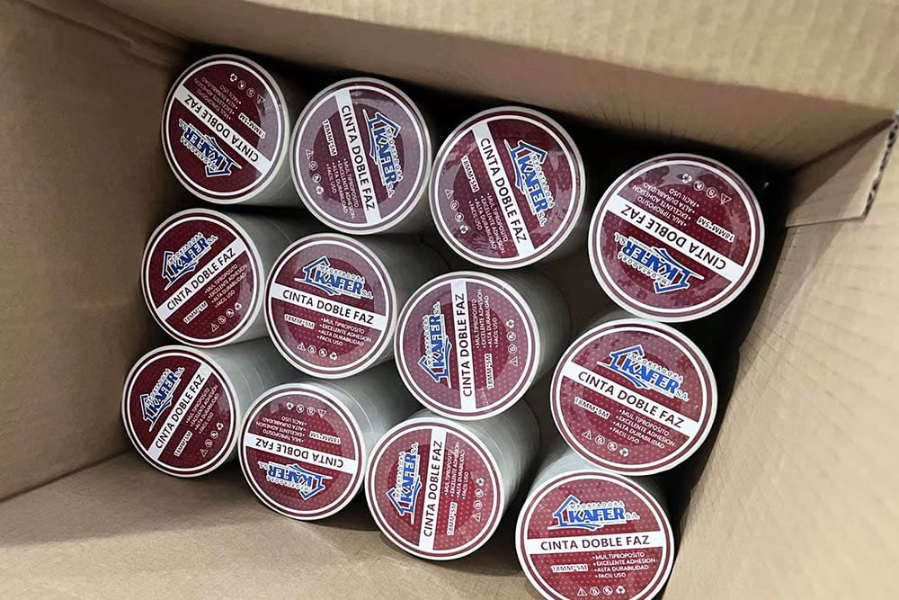 Tower shrink-wrapped double sided adhesive tape rolls with OEM custom logo labels packed in export cartons