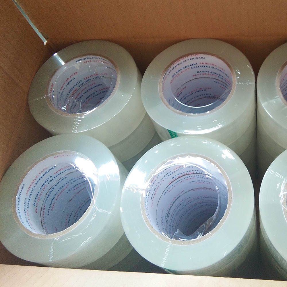 Shrink wrapped carton sealing tape rolls packed in master cartons for export shipment