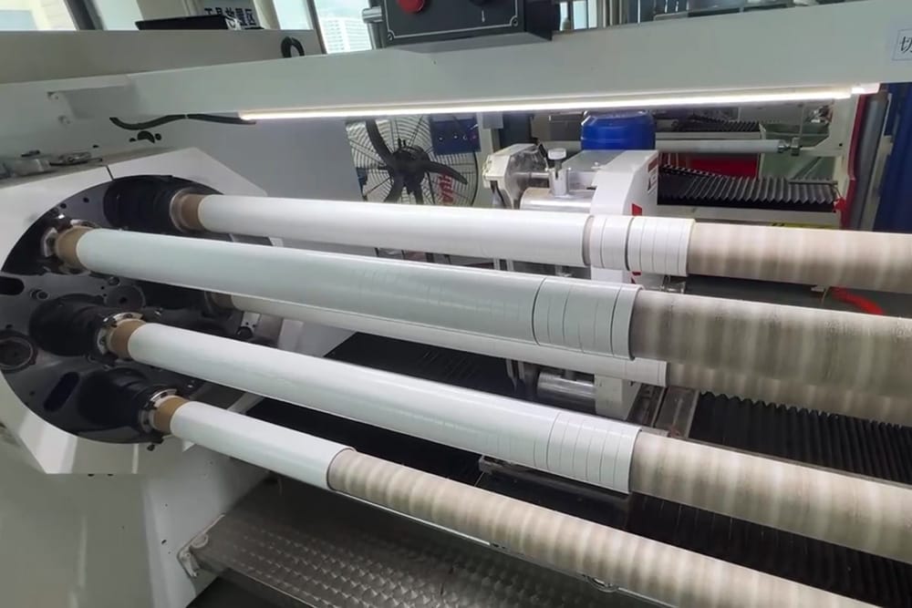 Automated slitting machine cutting jumbo double sided tape rolls into specified narrow widths