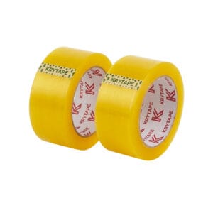 Two rolls of yellow BOPP packing tape with green arrow tape strips and KRYTAPE printed inner paper cores - Krytape