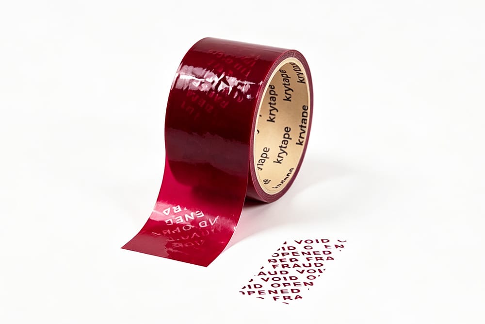 Red Krytape tamper-evident VOID security tape showing custom printed paper core and residual security message on surface.