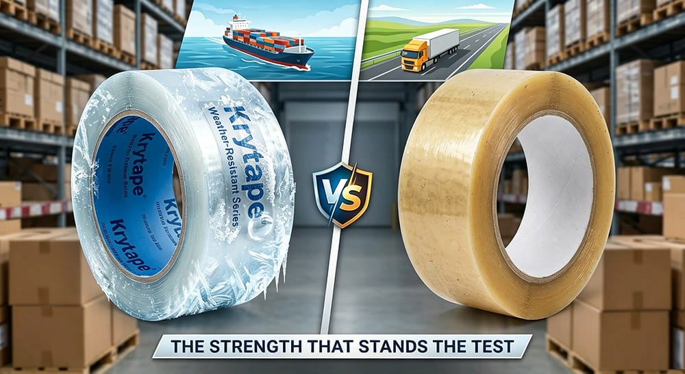Krytape weather resistant ocean freight packing tape vs standard BOPP tape comparison for shipping container export