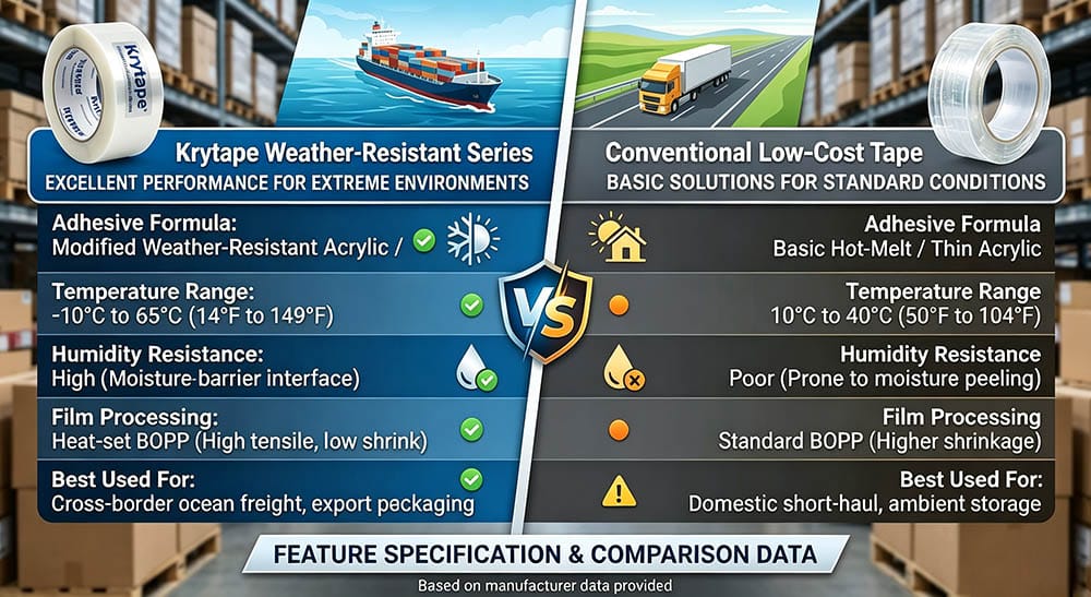 Krytape weather resistant ocean freight packing tape feature specification and comparison data chart versus conventional tape